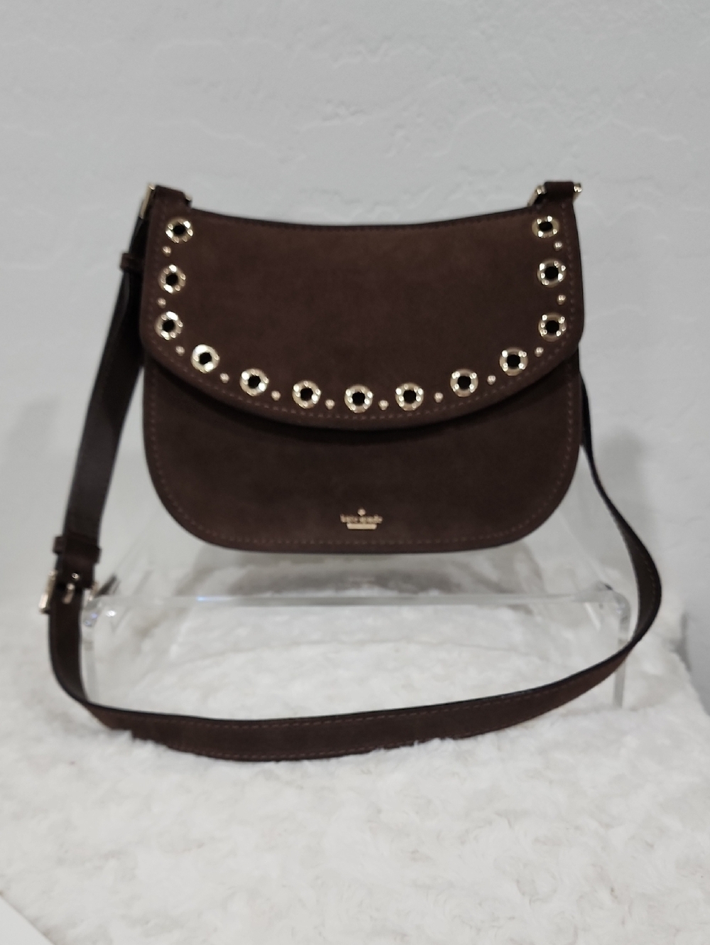 kate spade Brown Suede Maggy Saddlebag Crossbody with Gold Eyelet Trim